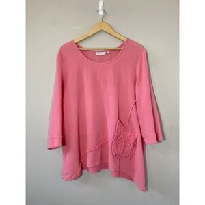 Lulu-B Pink 100% Cotton Gauze Asymmetric Hem Tunic Top Palm Tree Pocket Sz 1X